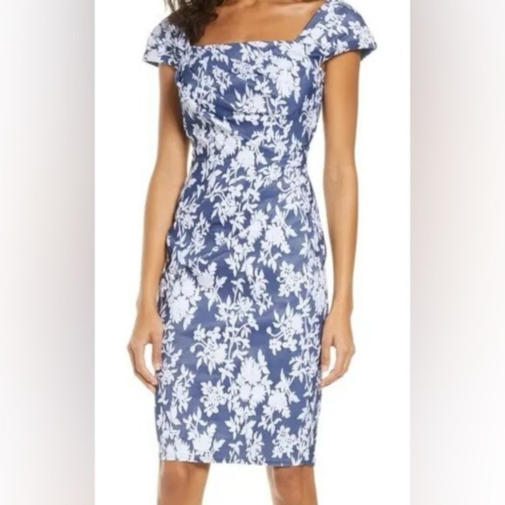 Tadashi Shoji Brocade Cocktail Dress Navy Ivory Floral Jacquard Ruched Size 14